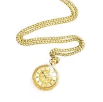 A lady's 14 carat gold fob watch, case stamped 14k and a yellow metal watch chain (2)