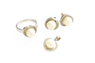 A Cultured Pearl and Diamond Ring, Pendant and Earring Suite, the cultured pearl centrally within