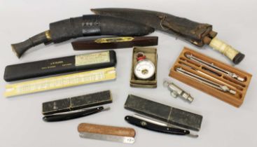 Two Kurkri Knives, two cut throat razors, draughts man instruments and sets, etc (qty)