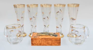 A Vintage Maple Box, with salmon in relief to lid, a pair of glass fishing fly beer mugs and five