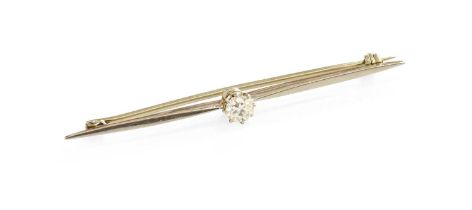A Diamond Bar Brooch, the tapered bar with a round brilliant cut diamond centrally, in white claw