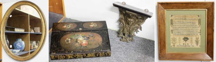 A 19th Century Bronze Wall Bracket, Victorian papier mache lap desk with wells, a framed 1851