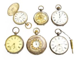 Four Silver Pocket Watches, silver fob watch and a sterling silver waltham fob watch, (6)