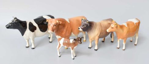 Beswick Cattle Comprising; Guernsey Bull and Cow; Jersey Bull; Friesan Cow and Ayrshire Calf (5)