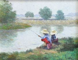 South East Asian School (20th Century) Two boys fishing Indistinctly signed, oil on canvas, together