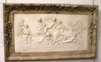 A Reproduction Moulded Relief Plaque, depicting a classical scene of putto and a lion within an