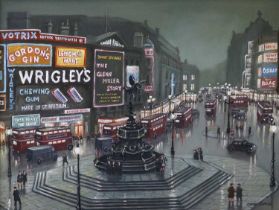 Steven Scholes (b.1952) "Piccadilly Circus, London, looking East, 1958" Signed, inscribed verso, oil