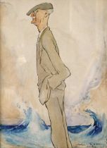 British School (20th Century) "Oronsay" Study of a gentleman before crashing waves Indistinctly