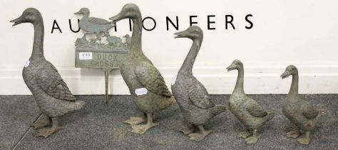 A Group of Five Cast Metal Garden Statues, runner duck, some with verdigris patination, 34cm high (