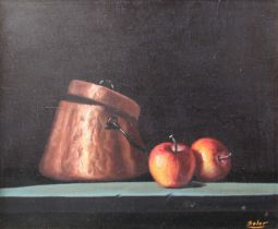 Ramon Soler Liro (1897-1968) Spanish Still Life of copper pan and apples Oil on canvas, 37cm by 45cm