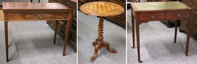 A 19th Century Mahogany Fold Over Tea Table, 91cm by 45cm by 74cm, A Victorian Inlaid Walnut Games