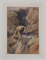Attributed to William Henry Hunt (1740-1864) Boy fishing in a stream Watercolour, 20.5cm by 13cm