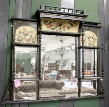 An Aesthetic Period Ebonised Overmantel Mirror, with gilt panels painted with birds and blossoms,