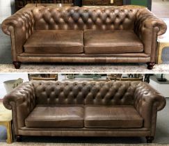 Distinctive Chesterfields: A Pair of Buttoned Brown Leather Sofas, each 225cm by 99cm by 76cm In