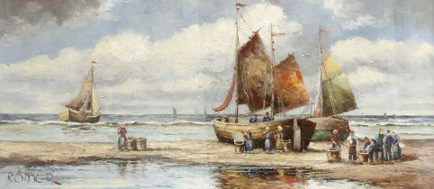 *Romer Extensive beach scene with fisherfolk and moored boats Signed oil on canvas, 49cm by 99cm
