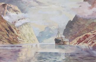 Manner of Charles Edward Dixon (1872-1934) Steam ship in fjord Watercolour heightened with white,