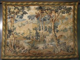 Machine Made "Gobelins" Tapestry, the field depicting a pallatial scene in a rural setting, enclosed