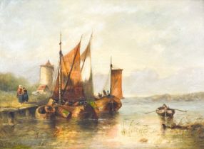 Alfred Montague (1832-1883) Sailed barges in a small harbour Signed, oil on panel, 26.5cm by 35.5cm