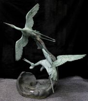 A Cast Metal Garden Statue, Cranes in flight, in verdigris patination, 101cm