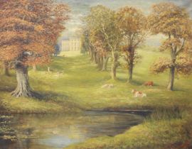 E* Cudworth (20th Century) Parkland with cattle and dear grazing before country house Signed and