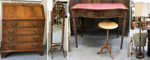 A Reproduction Yew Wood Bureau, 75cm by 43cm by 96cm, A Cheval Mirror, A Wine Table, A Standard Lamp