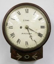 A Mahogany Brass-Inlaid Single Fusee Drop Dial Wall Timepiece, 19th century, 8" convex painted dial,
