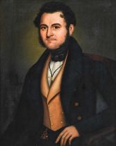 British School (19th Century) Portrait of a gentleman, half length, wearing a fawn waistcoat and a