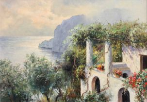 Guido Odierna (1913-1991) Italian View of a foliage-covered veranda looking out to sea Signed, oil