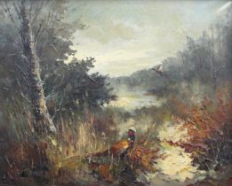 *Bevor (20th Century) Pheasants in woodland Indistinctly signed, oil on canvas, 79.5cm by 98.5cm