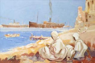 J.B. Taylor (20th Century) Port scene with the ocean liner 'Moldavia' coming in to dock Signed,