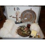 Vintage suitcase of assorted items, including metalware, costume jewellery and a wedding outfit
