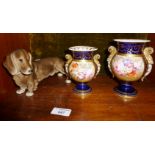 Royal Belvedere dachshund, and two 19th c. continental porcelain Crown Derby type finely painted