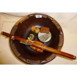 Wooden boxes and bowl, inc. a small Mauchline Ware barrel shaped needle or thimble holder, with
