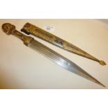 Russian cossack kinjal type dagger and sheath having all over silver niello decoration, overall