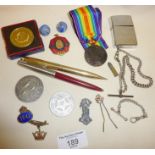 Albert watch chains, enamel Royal Western India Turf Club Ltd fob medal, WW1 Victory medal (quite