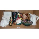 Royal Doulton balloon lady and other figures including boxed miniature street vendor and a Moorcroft