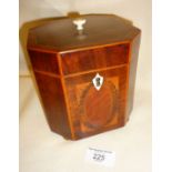 Georgian octagonal mahogany tea caddy with fine panels inlaid with satinwood and rosewood,