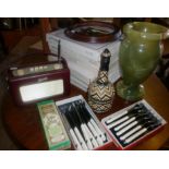 Quantity of wall plate frames, some cutlery, large onyx vase and a modern Roberts radio