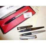 Vintage Parker fountain pen in case with brushed steel finish. Together with two Sheaffer fountain