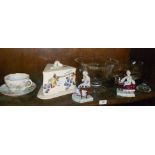 Large floral painted china cheese dish, two cut glass bowls, pair Continental porcelain figures, a