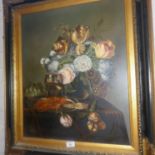 Oil on canvas of a still life with lobster and flowers, signed D Josephine in Italian style frame