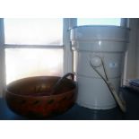 Vintage enamel slop bucket and a painted wood salad bowl