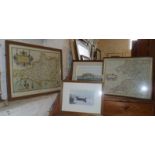 Two framed maps, a coloured engraving of Portland and a colour print entitle 'Sunset', signed in