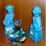 Pair of turquoise glazed Chinese dogs of Fo, and a large Mdina Art Glass paperweight