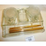 Glass ink stand with pen tray, and Waterman fountain pen and pencil set