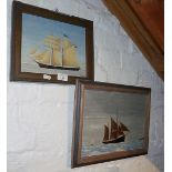 Two naive oils on board of a sailing trawler and a schooner, monogrammed J.S.T.