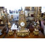 Antique Continental ormolu, bronze and marble clock garniture