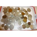 Box of old coins and tokens, some silver