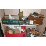 Two shelves of miscellaneous items including Donald Duck cut-out book, cigarette cards, marbles