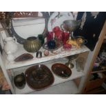 Assorted items including fretwork tray, Persian brass pot, cranberry glass, silver plate and